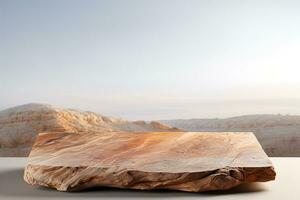 Aged wooden slab surface against the background of a mountain and a clear sky. Background for presentation of products. photo