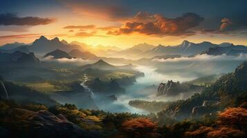 hermosa paisaje niebla puesta de sol o amanecer en el montañas Valle con río aéreo ver foto