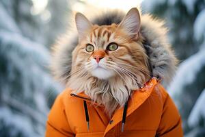 resumen imagen de un mullido jengibre gato en un naranja anorak chaqueta en un invierno Nevado bosque. foto