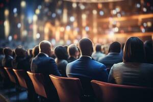 Rear view of business people sitting at a symposium, generative ai photo