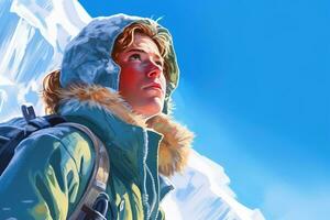 Illustration. Portrait of a brave and beautiful woman climber in a mountain on a clear cky background photo