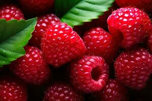 Close up background of fresh tasty red ripe raspberries with green leaves photo