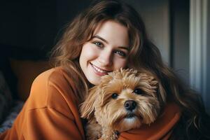 Charming young brunette cutely hugging her small dog in the room photo