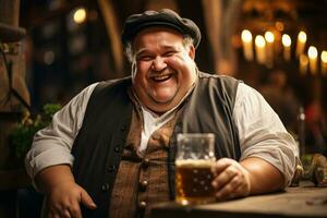 retrato de un grasa sonriente hombre en un hiedra sombrero participación un vaso de frío cerveza mientras sentado a un bar foto