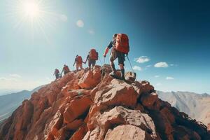 A group of climbers walks on a top of the mountain. Travel and mountain hiking concept photo