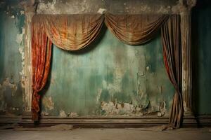 a torn dirty faded red theater curtain against the background of a wall with crumbling plaster. Abandoned empty stage photo