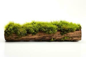 old log covered with rapidly growing green fern isolated on white photo