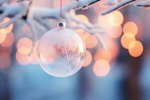 Frozen transparent decorative ball with a tree inside on a tree branch against a background of light bokeh dots photo