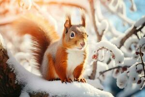 cute fluffy red squirrel sits on a branch in the winter forest photo