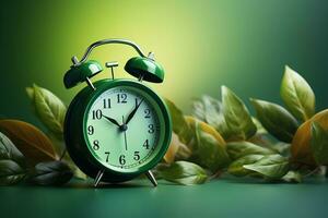 Vintage green alarm clock surrounded by leaves on a vivid green background photo