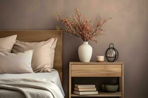 Bedroom interior in pastel colors with a wooden bedside table and a plant on it photo