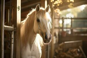 portrait of a white horse in the stable at sunset or sunrise photo