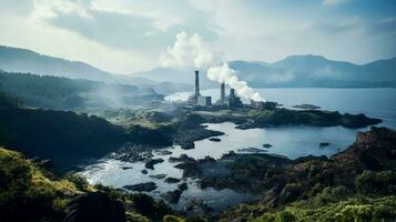 Volcanic landscape with geothermal power station background with empty space for text photo