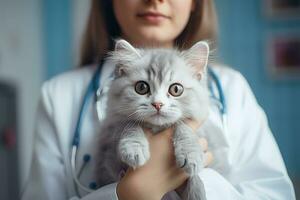 Veterinarian woman holding cute adorable fluffy kitten in pet clinic, generative ai photo