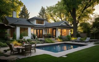 beautiful cozy family country house with pool in summer. real estate concept photo