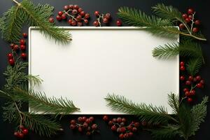 Merry Christmas and Happy New Year greeting card flat lay concept. white sheet of paper with copy space with decorative frame lined with fir branches and holly berries photo