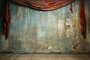 torn dirty faded theater red curtain against the background of a wall with crumbling plaster. Abandoned empty scene photo