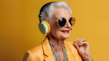 Elderly stylish woman in sunglasses smiles in headphones. Musical pleasure concept, generative ai photo