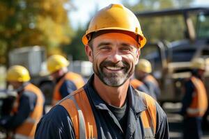 Adult smiling construction worker in a yellow hard hat photo