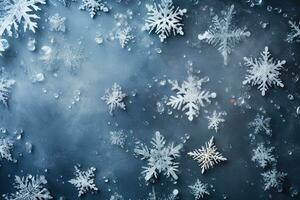 Close up snowflakes abstract frozen blue christmas winter background photo