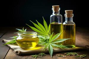 CBD hemp oil in a small bowl and two bottles on a hemp fiber surrounded by hemp leaves on a dark background photo