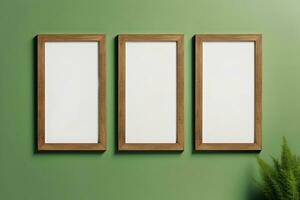 Three empty mockup wooden frames on a light green wall photo