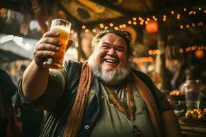 retrato de un grasa sonriente gris barbado hombre levantamiento un vaso de frío cerveza a un bar foto