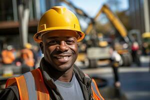 Adult smiling african american builder wearing yellow hard hat photo