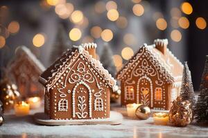 delicious Christmas gingerbread house with bokeh lights garland photo