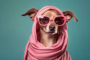 Portrait of a cute dog in a pink sunglasses wearing a pink towel. Summer, vacations concept. photo