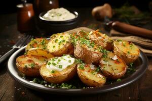closeup of rustic potatoes with herbs in a plate on a wooden table photo