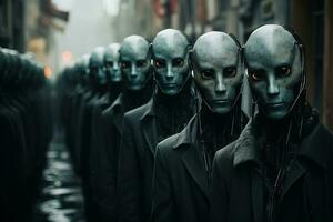 A gloomy crowd of cyborgs in the same masks on the street. Dystopian equality photo