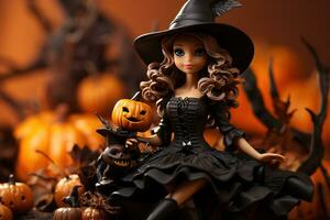 Cute and adorable brunette doll in a witch costume with a pumpkin on a blurred halloween background, generative ai photo