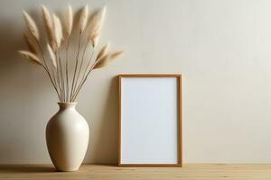 Mockup of an empty painting in a wooden frame and a vase with dry fluffy herbs on a background of a white textured wall photo