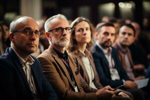 a group of serious middle-aged people listening intently, at a conference, an audience at a seminar, workshop or training, generative ai photo