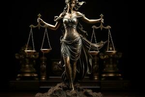 Bronze statue of the goddess of justice Themis on a dark background photo