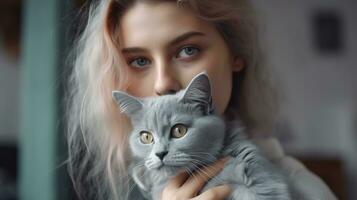 atractivo Rizado rubia con azul ojos caricias un mullido gris gato, generativo ai foto