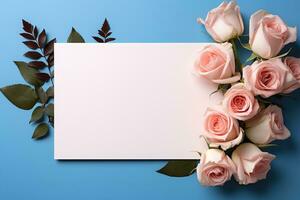 template white blank card on blue background with pink roses and leaves photo