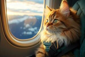 portrait of a cute fluffy ginger cat looking out the airplane window, generated ai photo