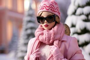 hermosa muñeca con rubio pelo en Gafas de sol y un rosado chaqueta y sombrero, en un invierno calle foto