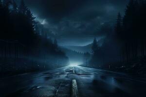 Scary lightless night asphalt mountain road among fir trees and covered with fog photo