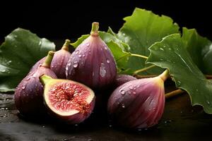 Few delicious fresh figs covered with water drops on a dark background photo