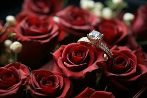 beautiful wedding ring with diamond on a background of red roses photo