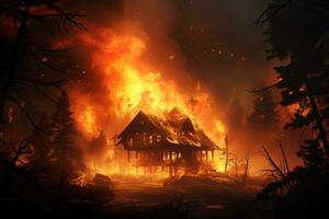 Lonely wooden house burns in a huge fire in the forest photo