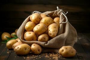 Heap of fresh raw potatoes in rustic sack on wooden table and background photo