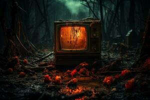 An old TV with a screen glowing yellow against the backdrop of a dirty dark scary swamp forest photo