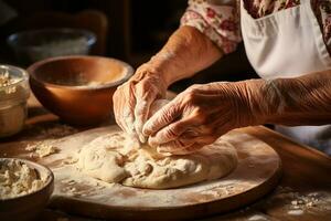 manos de un mayor mujer amasadura masa en el cocina foto