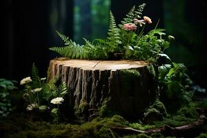 A large tree stump in a green forest, illuminated against a blurry dark forest background. Background for advertising ecological natural organic products photo