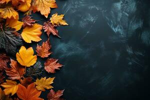 bright orange and red autumn leaves background on a dark surface top view with copy space photo