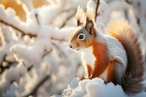 a red squirrel sits on a snow covered branch on a sunny winter day photo